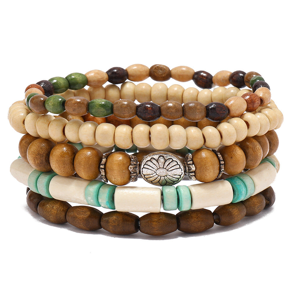 Wooden Bead Bracelet Set Handmade Jewelry Gift Chrysanthemum Design Unisex Colorful Beaded Bracelets For Everyday Style