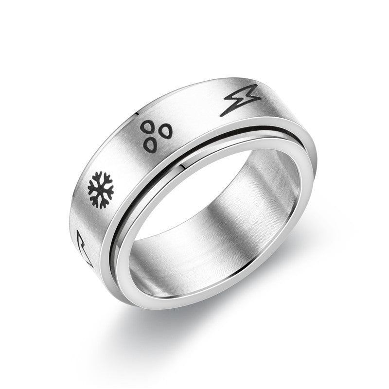 Rotating U Shape Stainless Steel Ring With Moon Design And Lightning Accent Plus Cat Detail Geometric Elements