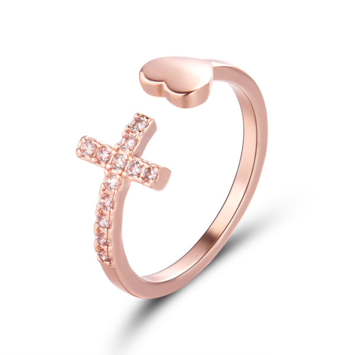 Women Adjustable Open Ring with Rhinestone Cross and Heart Diamond Accent Alloy Ring Fashion Jewelry Beautiful