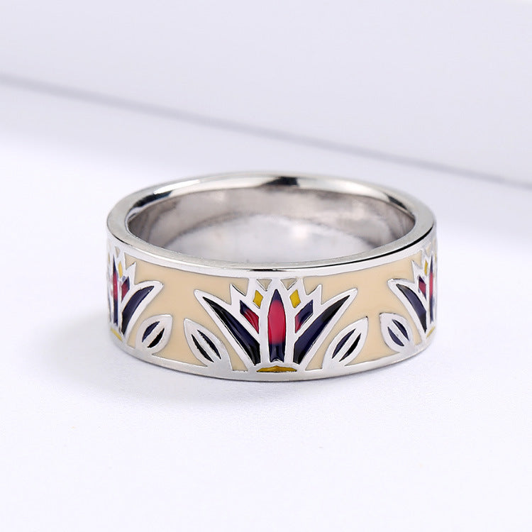 Womens Retro Colorful Enamel Flower Ring Epoxy Copper Jewelry For Women Daily Elegant Accessory Sparkle Finish
