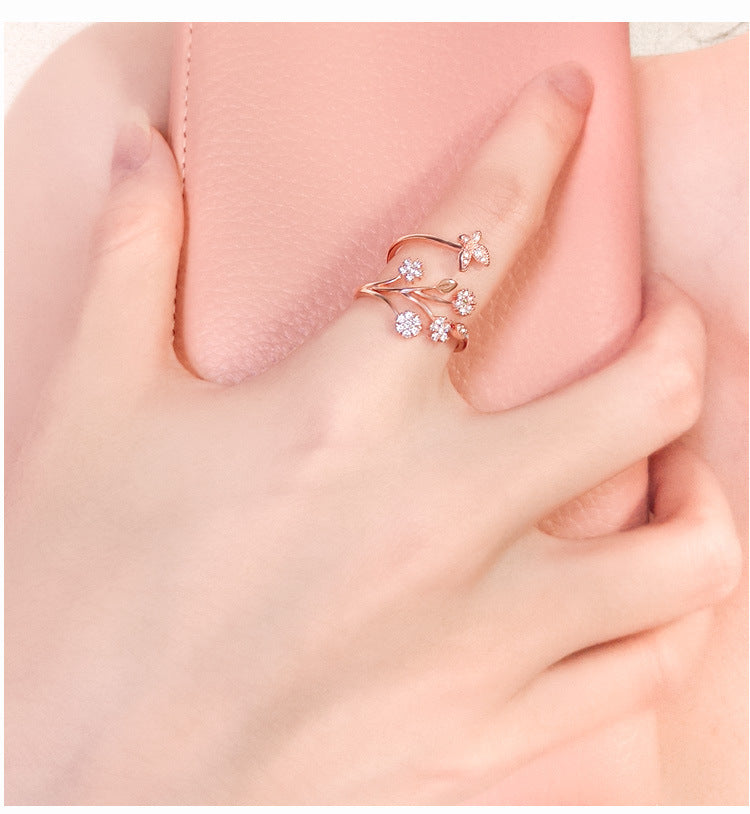 Flower Butterfly Adjustable Ring Gold Plated Copper Gemstone Inlaid Jewelry For Women Gift Elegant Daily Wear Gift