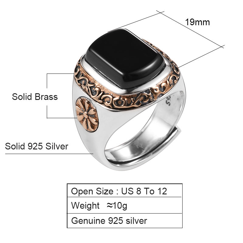 Vintage Black Agate Silver Ring For Women Adjustable Opening Index Finger Retro Silver Plated Jewelry Gift For Her