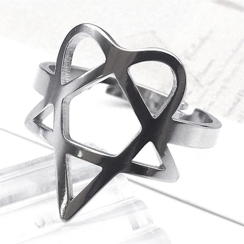 Unisex Stainless Steel Ring with Hollow Pentagram Geometric Design for Fashion Ornament and Style Satin Finish
