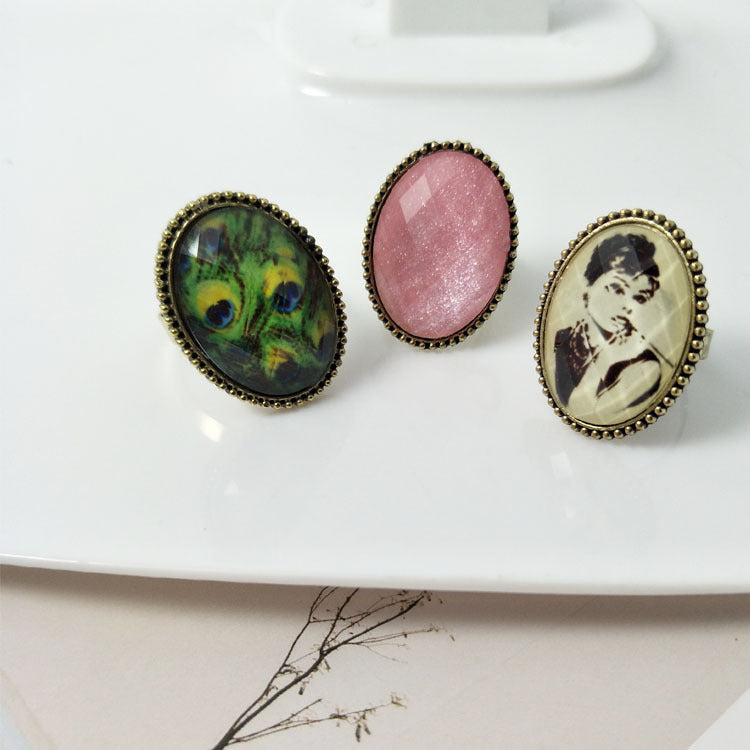 Women Alloy Ring Vintage Oval Cow Pattern Geometric European American Fashion Jewelry Unset Gemstone Ring Chic Lux