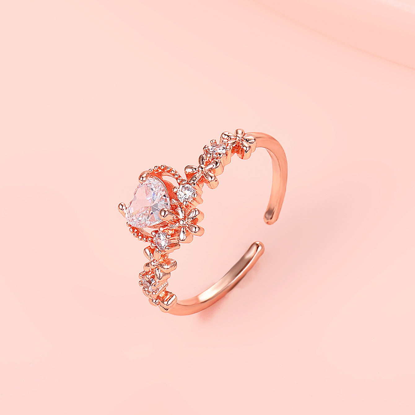 Heart Ring With Diamond Accent Adjustable Copper Ring Korean Fashion Jewelry Rose Gold And White Gold Finish22
