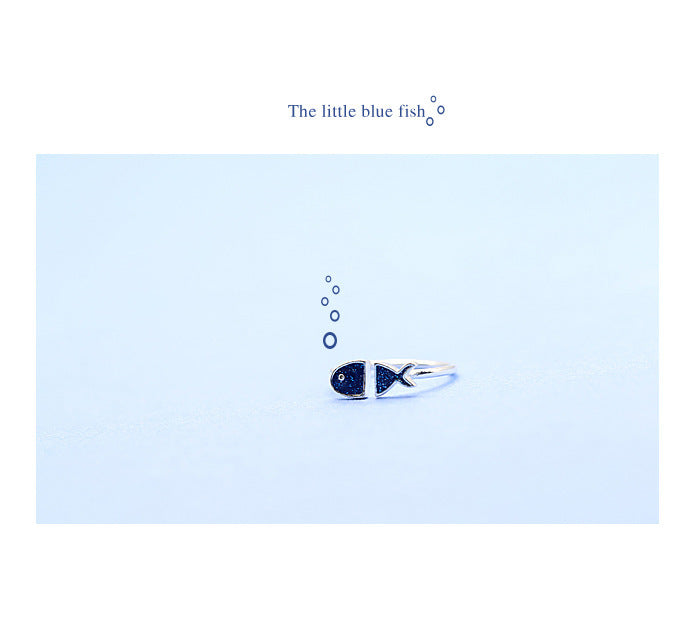 Open Adjustable Sterling Silver Little Fish Ring With Azure Drip Oil Zodiac Charm S925 Metal Jewelry For Yours