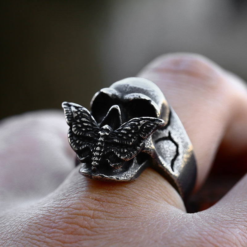 Stainless Steel Moth Skull Ring Bold Gothic Jewelry For Men With Polished Finish And Large Statement Style Casual