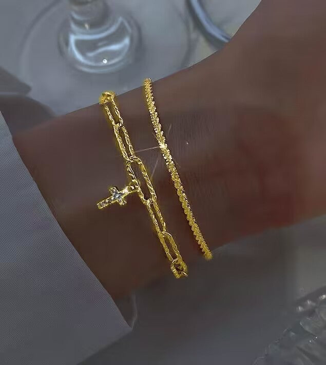 Womens Zircon Bracelet Set 2 Piece Alloy Jewelry Gift For Her Sparkling Accessory Collection Elegant Jewel Set