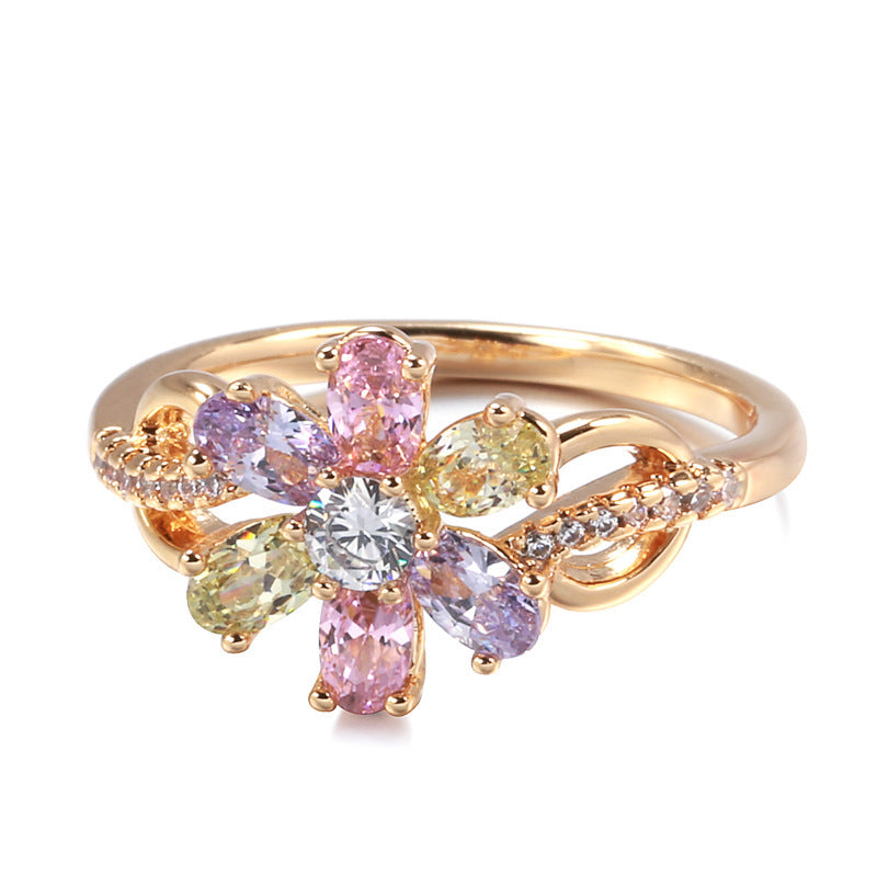 Simple Colorful Zircon 585 Rose Gold Flower Ring