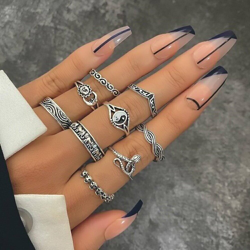 Sword Flower Butterfly Snake Ring Set Midi Knuckle Rings Punk Jewelry For Women Fashion Stylish Midi Ring Sets