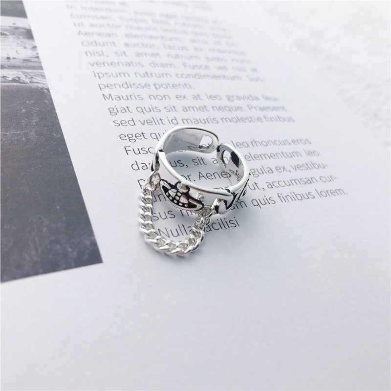 Womens Adjustable Geometric Silver Ring Saturn Design