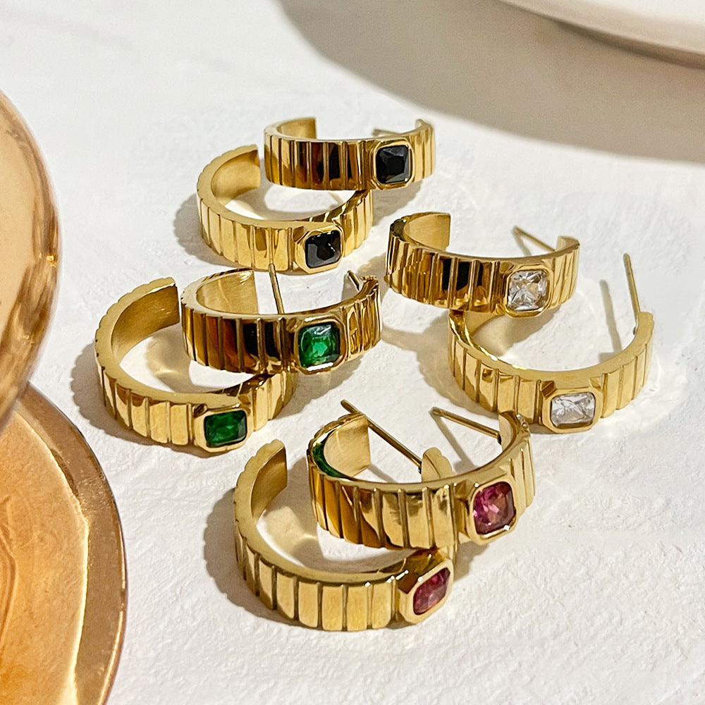 Titanium Steel Inlaid Zircon Checkered C-shaped Earrings