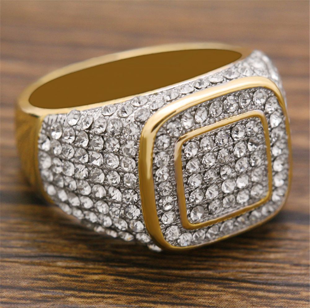 Mens Gold Plated Ring Geometric Alloy Ring With Diamond Inlay European American Design Fashion Jewelry Quality
