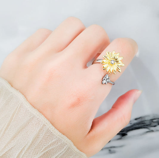 Womens Spinning Ring Sunflower Daisy Adjustable Copper Electroplated Fashion Jewelry Gift For Her Everyday Gem