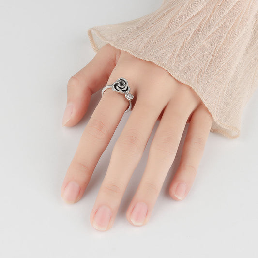 Women Adjustable Opening Ring With Rotating Rose Flower Design Copper Ring With Zircon Floral Geometry Collection