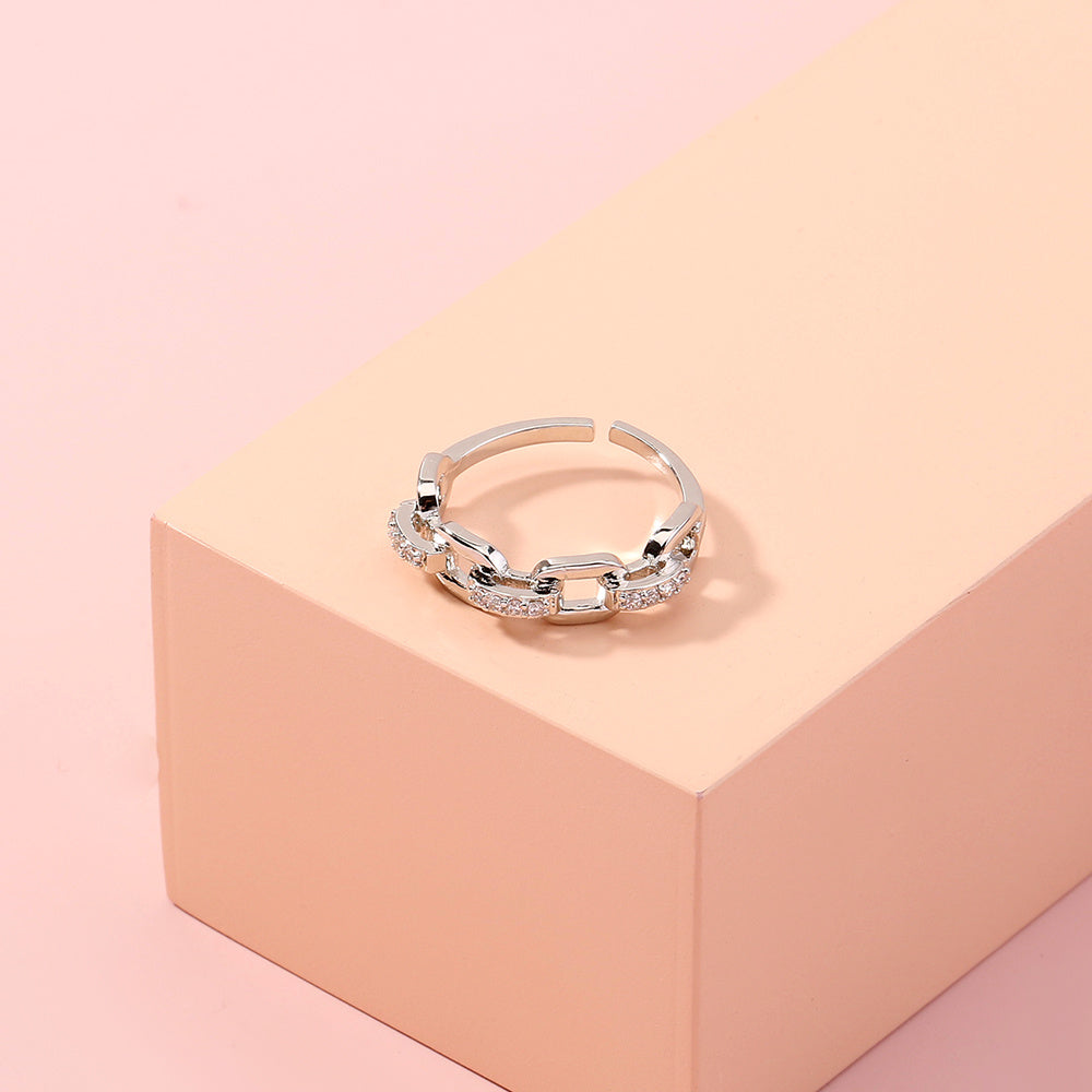 Open Ring Micro Inlaid Zircon Ring Bamboo Link Chain Copper Ring Adjustable Fashion Jewelry For Women Trendy Accessory