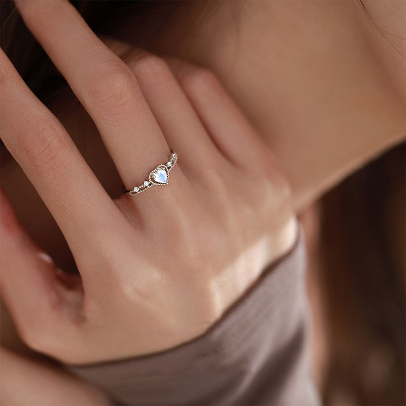 Moonstone Heart Ring for Women Open End Adjustable Copper Ring with Zircon Inlaid Double Layer Style Elegant Design