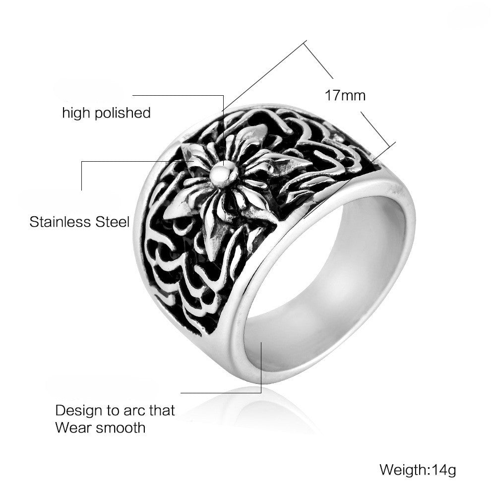 Mens Titanium Steel Cross Flower Ring Rock Fashion Polished Durable High Quality Jewelry Accessories Wear Gift