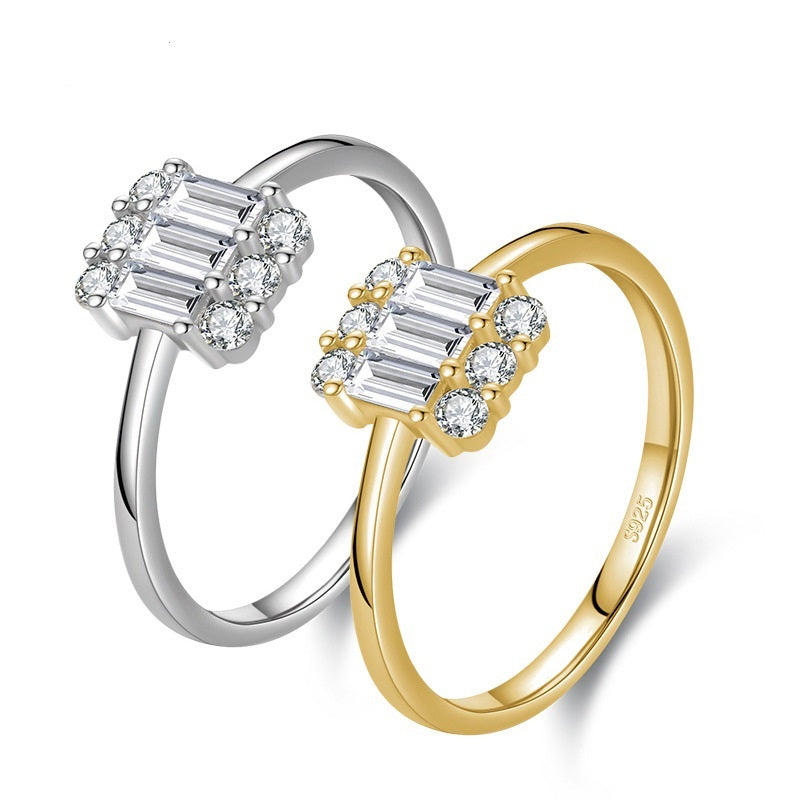 Sterling Silver Diamond Inlaid Geometric Ring European American Style Craftsmanship Elegant Handcrafted Jewelry