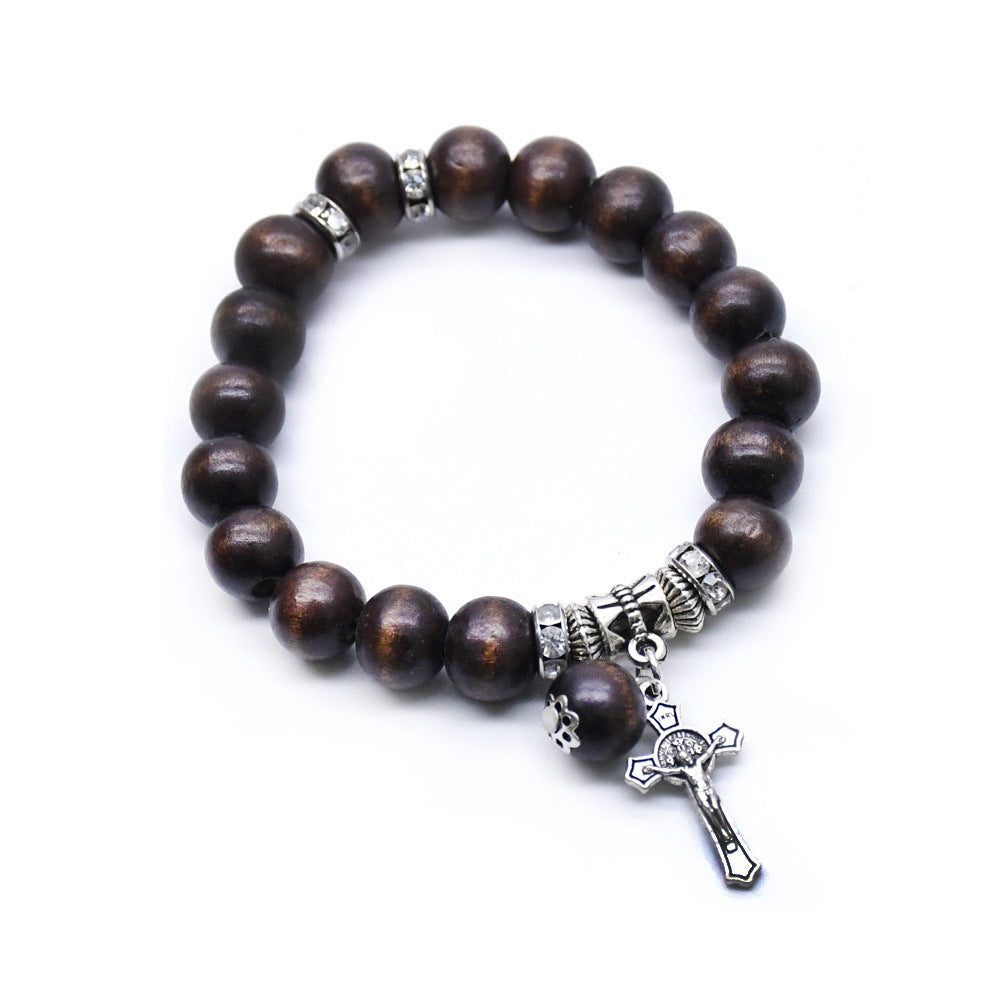 Unisex Wooden Bead Bracelet With Cross Charm Religious Totem Design And Alloy Inlaid Gems Coffee Color Wood Bracelet