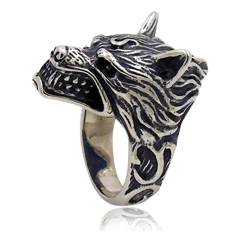 Mens Vintage Wolf Head Ring Giant Animal Style Alloy Silver Finish Statement Ring Antique Silver Toned For Men