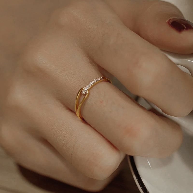 Geometric Copper Ring With Zircon Cross Diamond Finish Gold Tone Elegant Jewelry For Her Fashion Accessory Gift Idea