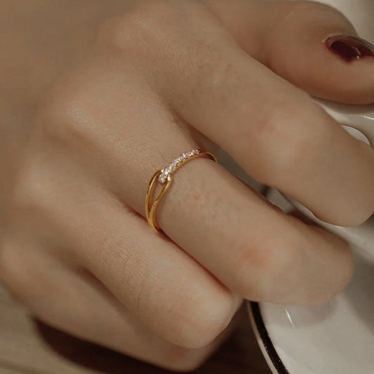 Geometric Copper Ring With Zircon Cross Diamond Finish Gold Tone Elegant Jewelry For Her Fashion Accessory Gift Idea