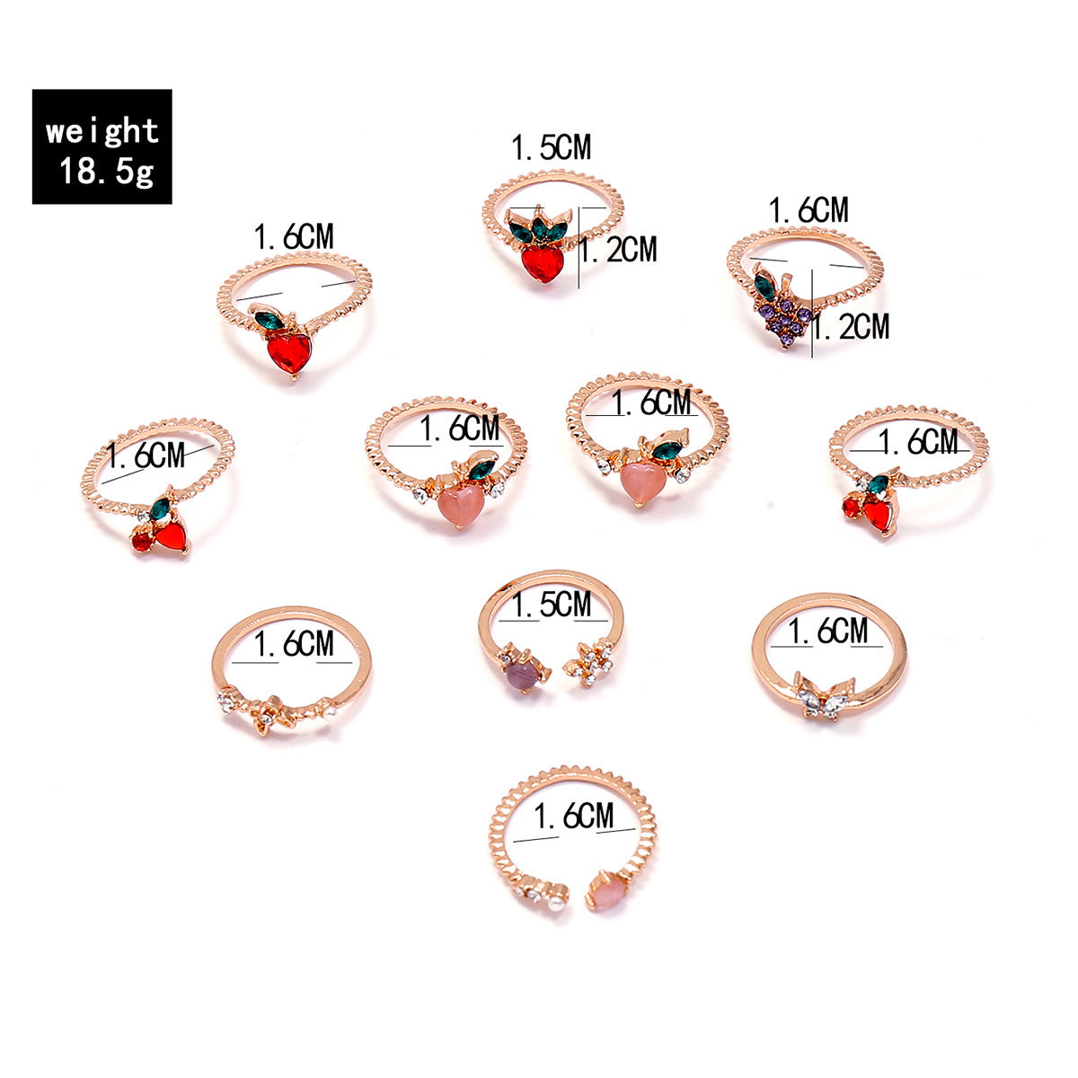 Womens 11 Piece Adjustable Alloy Ring Set With Apple Grape Cherry Peach Fruit Design Fashion Jewelry For Women