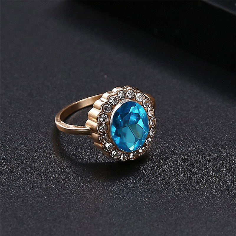 Geometric Alloy Ring Set With Blue And Black Gemstones
