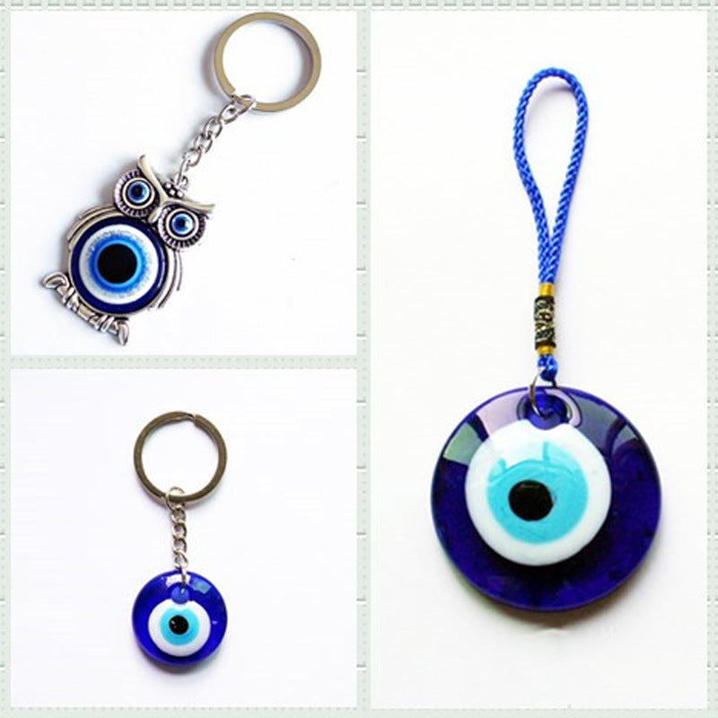 Blue Evil Eye Glass Keychain Retro Geometric Cartoon Charm
