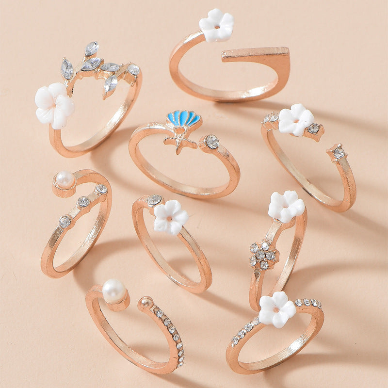 Gold Plated Flower Ring Set 9 Piece Metal Rings For Women Gift Individually Wrapped Jewelry Stunning Gift Idea