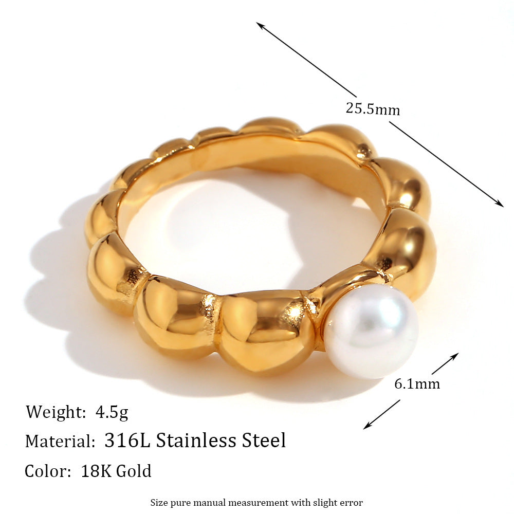 Women's 18K Gold Ring with Lace Wave Pattern and Imitation Pearl Stainless Steel Elegant Jewelry Geometric Ring for Her