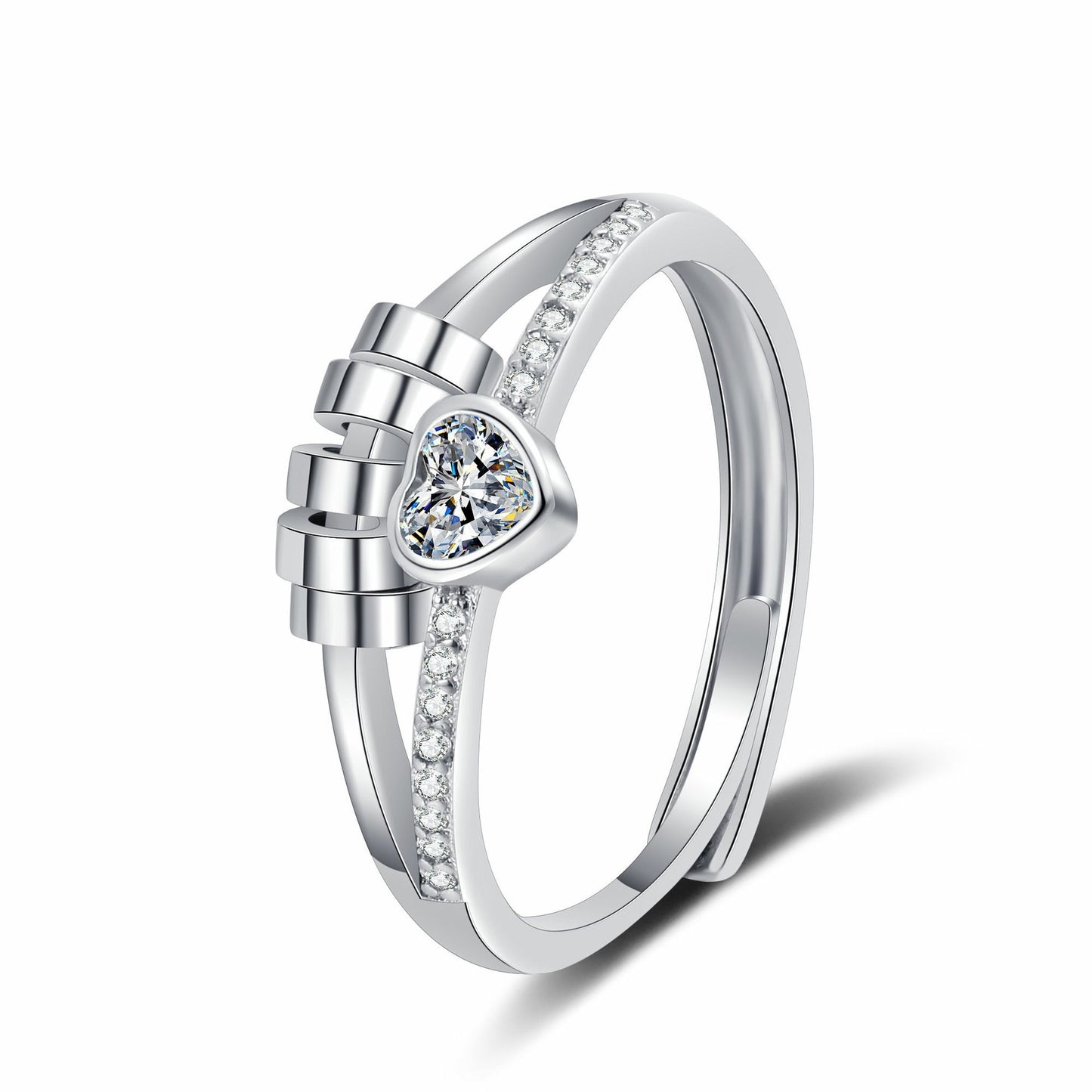 Heart Shaped Adjustable Ring With Double Layer Rotating Diamond Accent Copper Jewelry Gift Shiny Diamond Stone