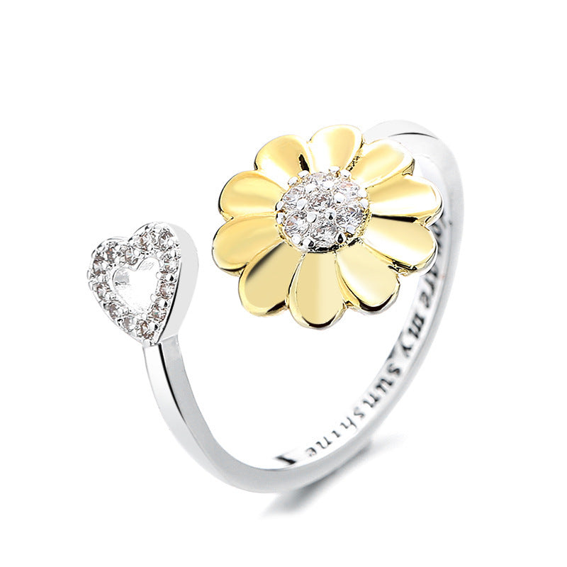 Silver Plated Sunflower Ring Adjustable Open Band Womens Jewelry with Zircon Accent Elegant Everyday Gift Ideas