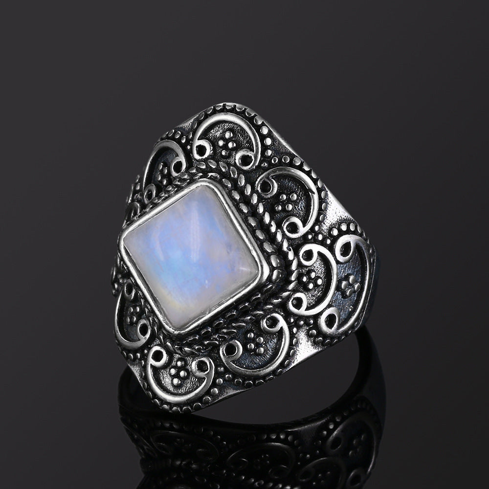 Vintage Ring Inlaid With Natural Blue Moonstone Gem For Women Individually Packed Ring National Style Geometry