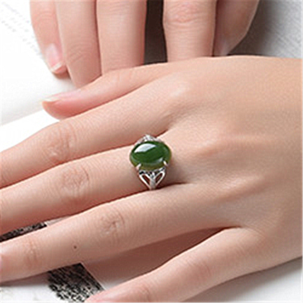 Unisex Green Agate Gemstone Ring Adjustable Platinum Plated Copper Retro Design Everyday Wear Jewelry Line Pro