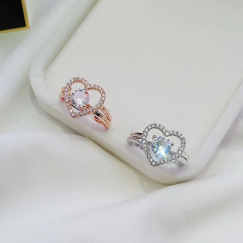 Womens Two In One Love Ring Set Adjustable Alloy Ring With Zircon Inlay Rhinestone Decor Gift For Her Everyday