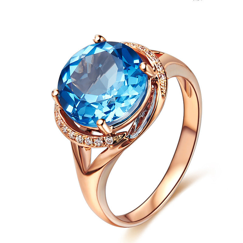 Womens Blue Topaz Ring 18K Rose Gold Plated Gemstone Adjustable Geometric Design Delicate Elegant Jewelry Chic