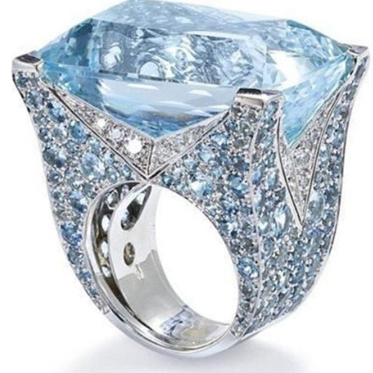 Womens Blue Square Ring Gold Plated Alloy Ring With Artificial Gems Fashion Jewelry European American Star Ring Gems