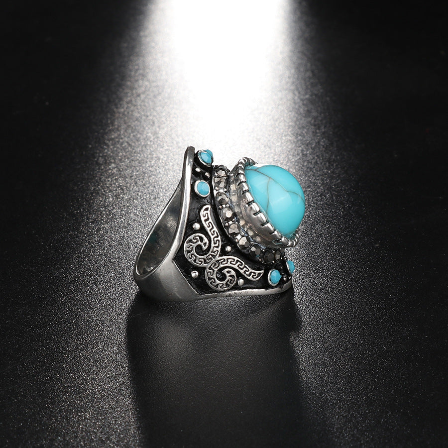 Turquoise Electroplated Alloy Ring With Crown Design Unisex Jewelry Inlay Gemstone Festive Gift In Everyday Wear