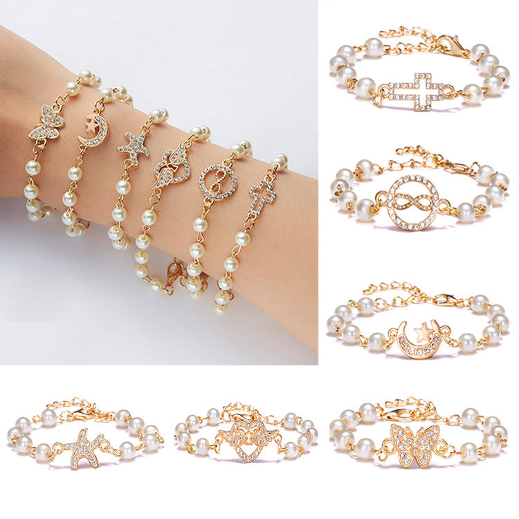 Womens Alloy Rhinestone Pearl Bracelet Geometric Heart