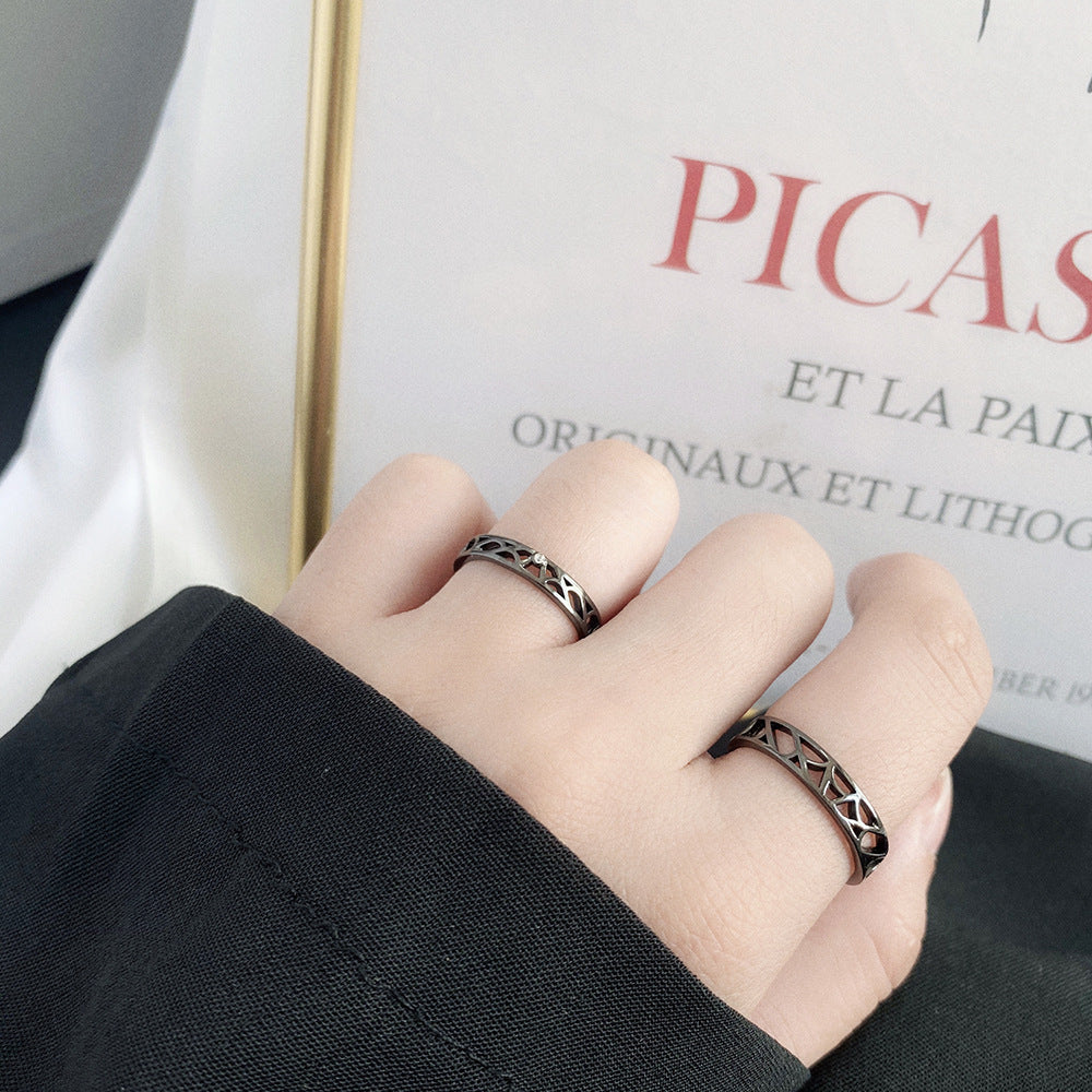 Couple Rings Fashion Jewelry Simple Black Hollow Ring Geometric Silver Ring For Men And Women Anniversary Gift