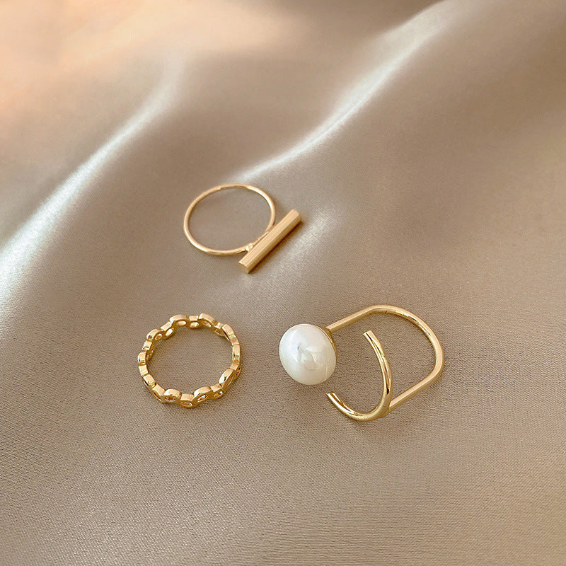 Unisex Geometric Rings Set With Artificial Pearl Inlay Electroplated Metal Fashion Three Piece One Size Pearls