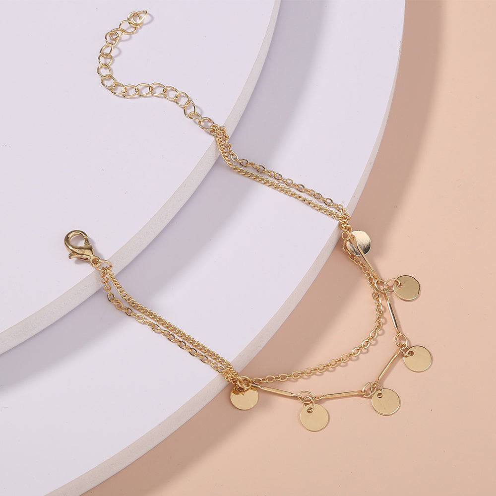 Womens Fashion Jewelry Copper Bracelet With Tassel And Metal Disc Double Layer Design Simple Bangle Style Chic