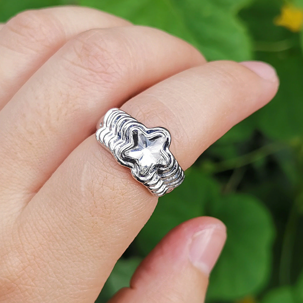 Womens Geometric Star Ring Alloy Metal Fashion Ring Retro Inlaid Star Design Electroplated Cold Wind Ring Ring