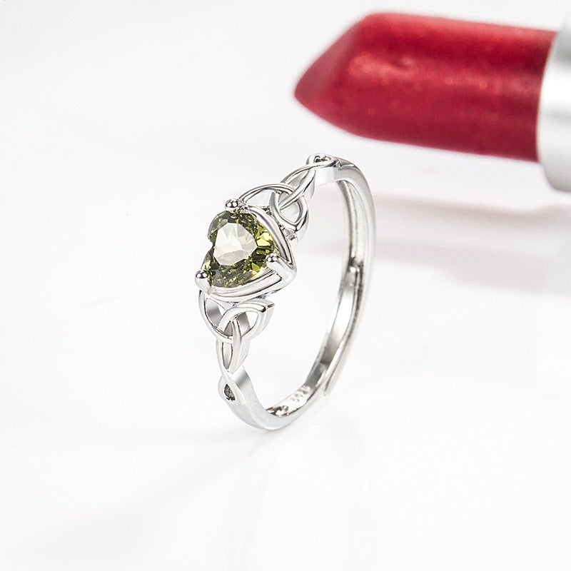 Womens Heart Ring Zirconia Gemstones Adjustable Copper Band Emerald Blue Peridot Ruby Purple Open Heart Design