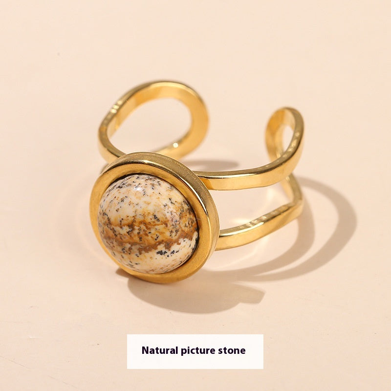 Gold Tone Stone Ring Open Adjustable Titanium Steel Jewelry