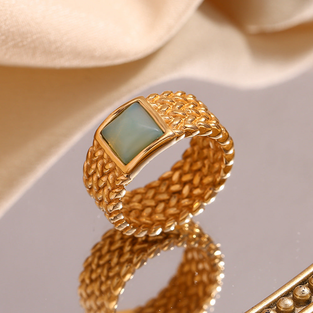 Vintage Stainless Steel 18K Gold Plating Woven Square Natural Stone Ring