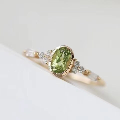 Women Adjustable Ring Imitation Olivine Gemstone Yellow Gold Plated Copper Fashion Jewelry Versatile Elegant Statement