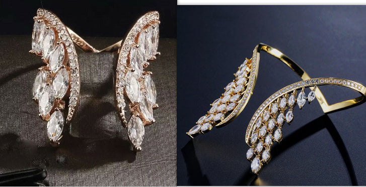 Womens Angel Wing Ring Alloy Electroplated Gemstone Inlaid Elegant Fashion Jewelry Gift For Her Rose Gold Tone Luxe